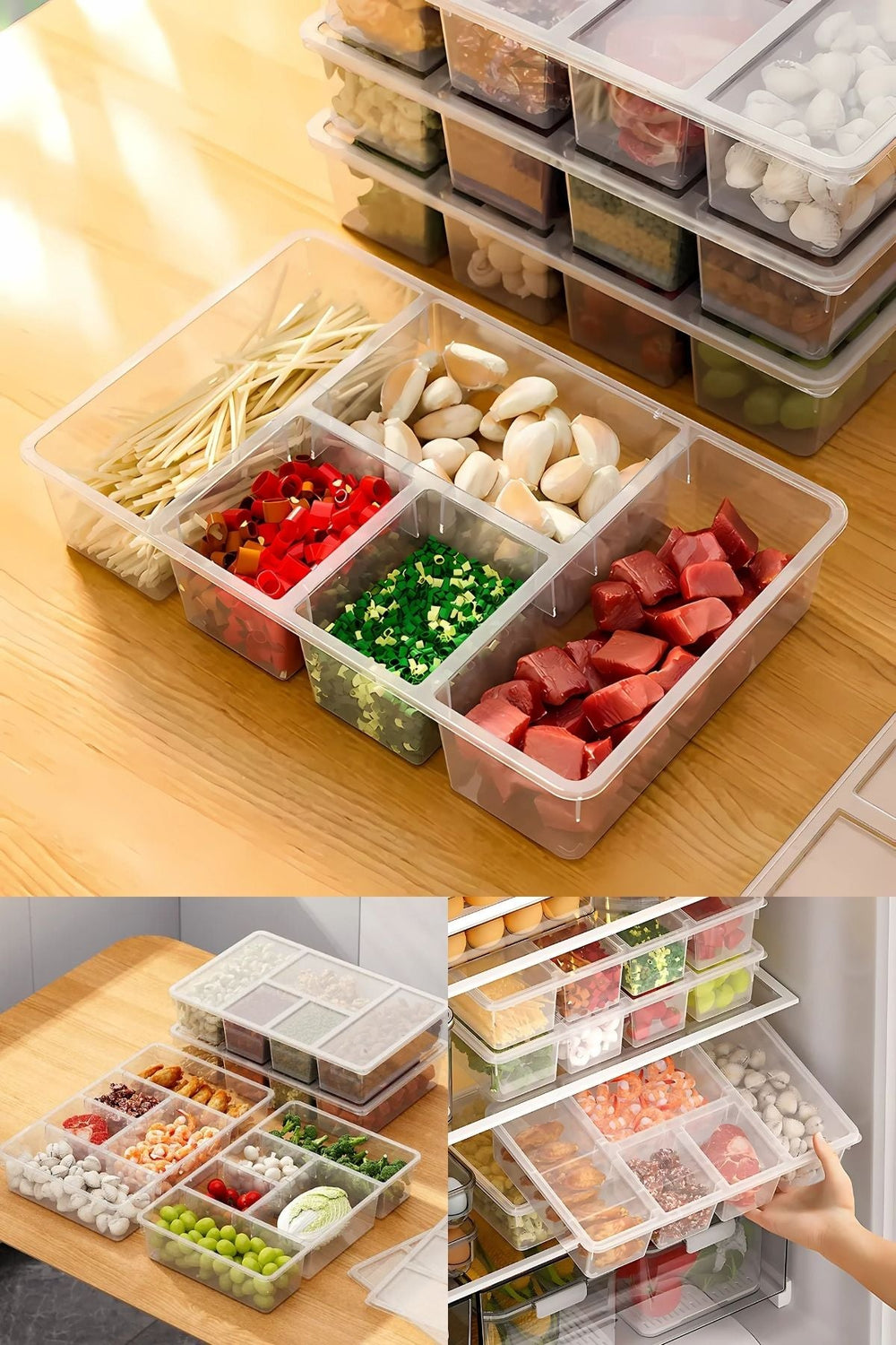 Buzdolabında ve masada çeşitli gıdalar için bölmeli şeffaf saklama kutuları düzenli halde