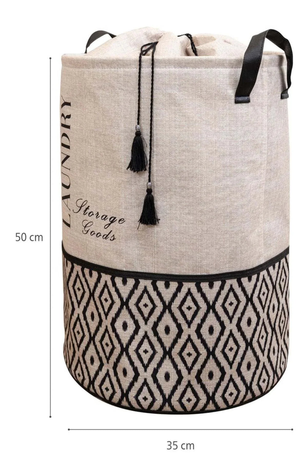 35x50 cm büyük boy siyah beyaz desenli, ipli kapaklı, kulplu çamaşır sepeti
