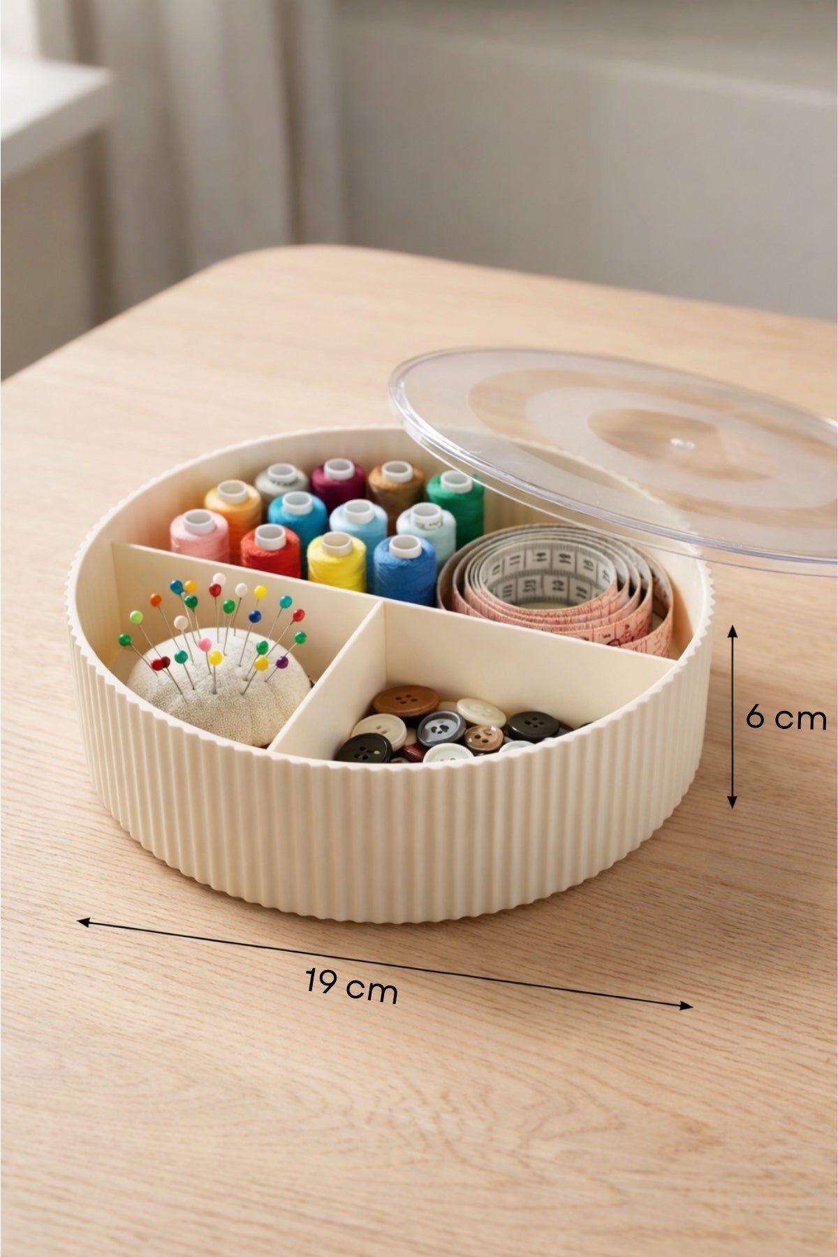 Kapaklı Yuvarlak Bölmeli Dikiş Kutusu Organizer 19 cm Çap 6 cm Yükseklik "Gri"