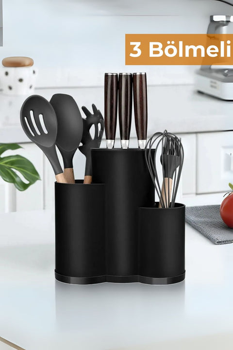 3 bölmeli siyah mutfak gereçleri düzenleyici içinde spatula, bıçak ve çırpıcı