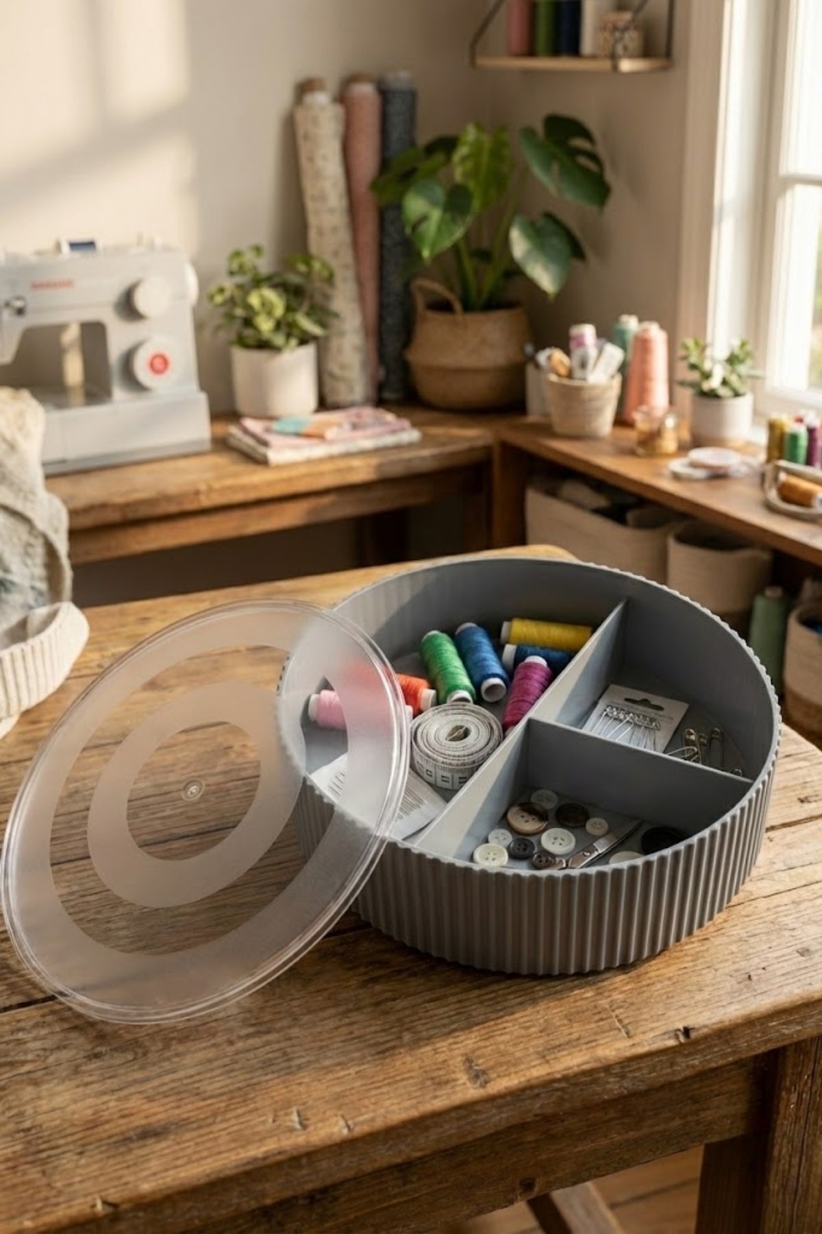 Kapaklı Yuvarlak Bölmeli Dikiş Kutusu Organizer 19 cm Çap 6 cm Yükseklik "Gri"