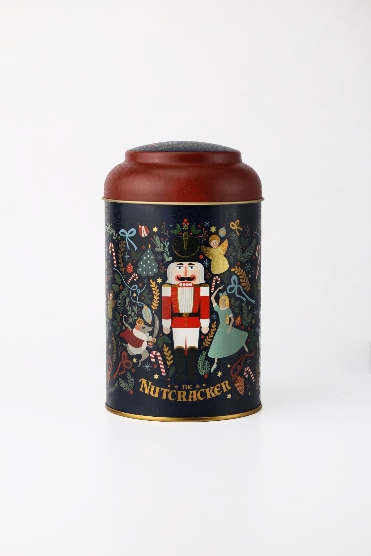 Kırmızı kapaklı, Noel Temalı Kara Fındıkkıran desenli metal dekoratif kutu