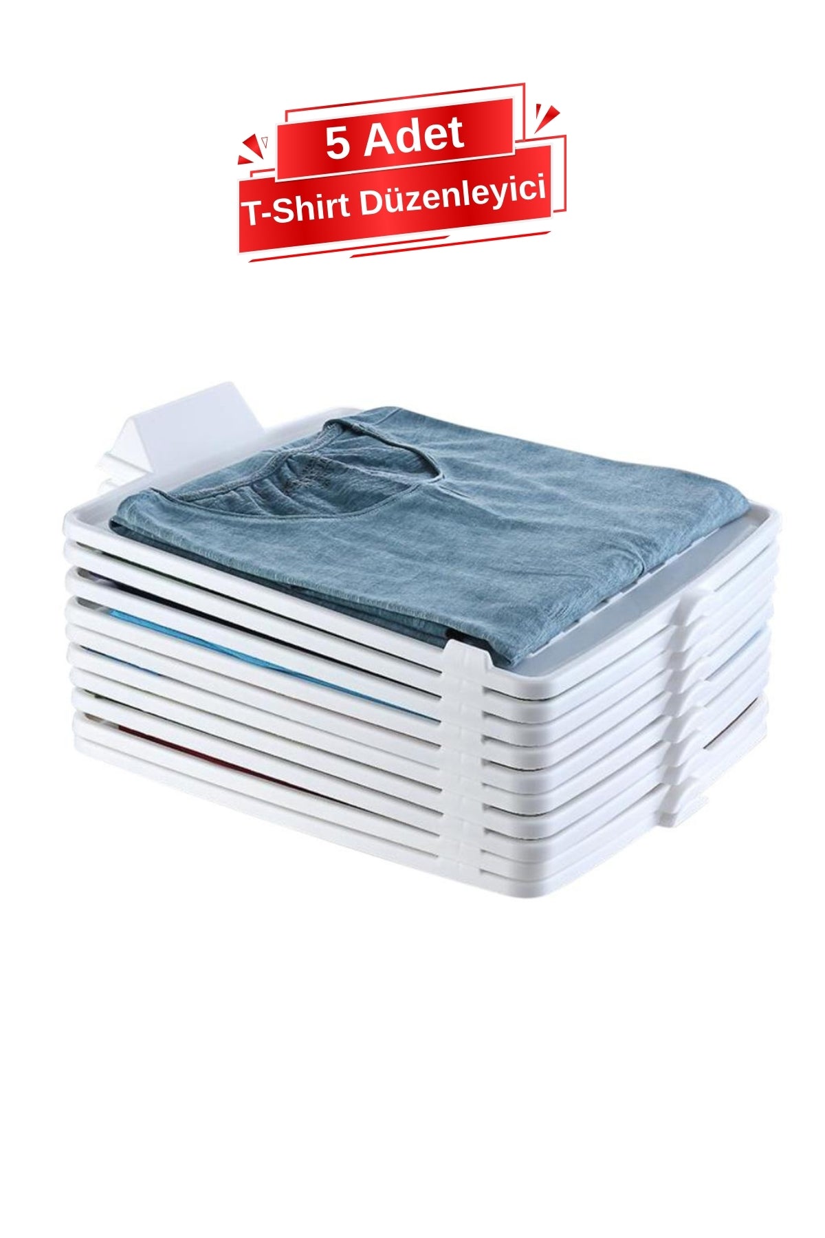 5 Katlı T-Shirt Düzenleyici – Dolap ve Çekmece İçi Kıyafet Organizer, 5’li Set