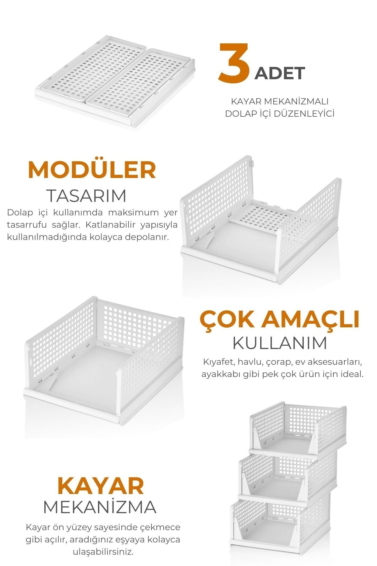 Dolap İçi 3'lü Kayar Raf Organizer, 3 Katlı Dolap İçi Düzenleyici Raf "Beyaz"