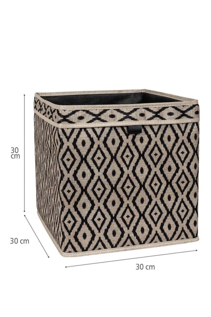 30x30x30 cm ölçülerinde siyah desenli bej saklama kutusu düzenleyici