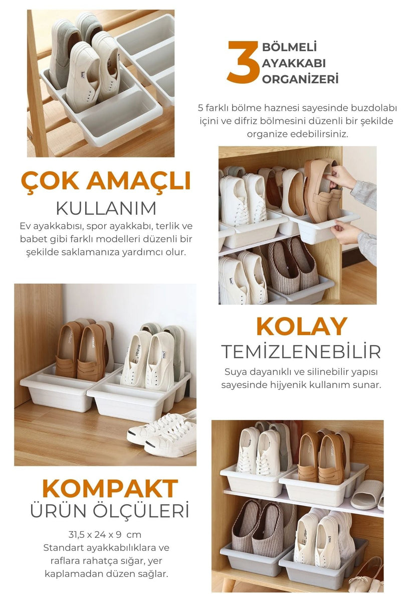 3 bölmeli beyaz ayakkabı organizatörü, farklı ayakkabılarla dolu, kompakt, kolay temizlenebilir