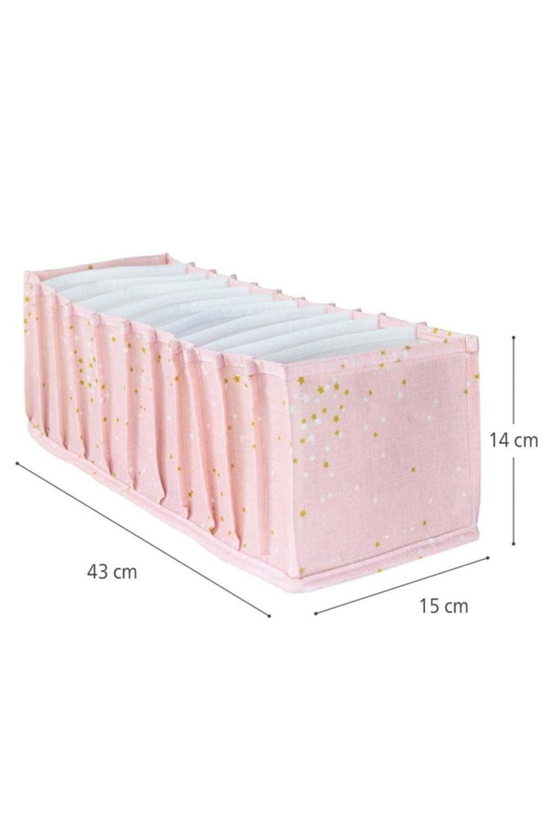 Pembe renk, yıldız desenli katlanabilir kumaş düzenleyici, 43x15x14 cm ölçülerinde