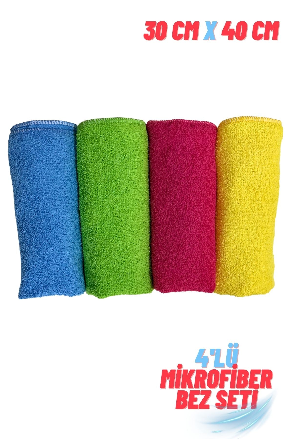 30x40 cm boyutlarında mavi, yeşil, kırmızı ve sarı renkli 4'lü mikrofiber bez seti