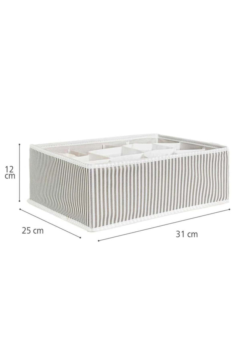 31x25x12 cm ölçülerinde çizgili kumaş saklama kutusu, bölmeleriyle düzenleyici