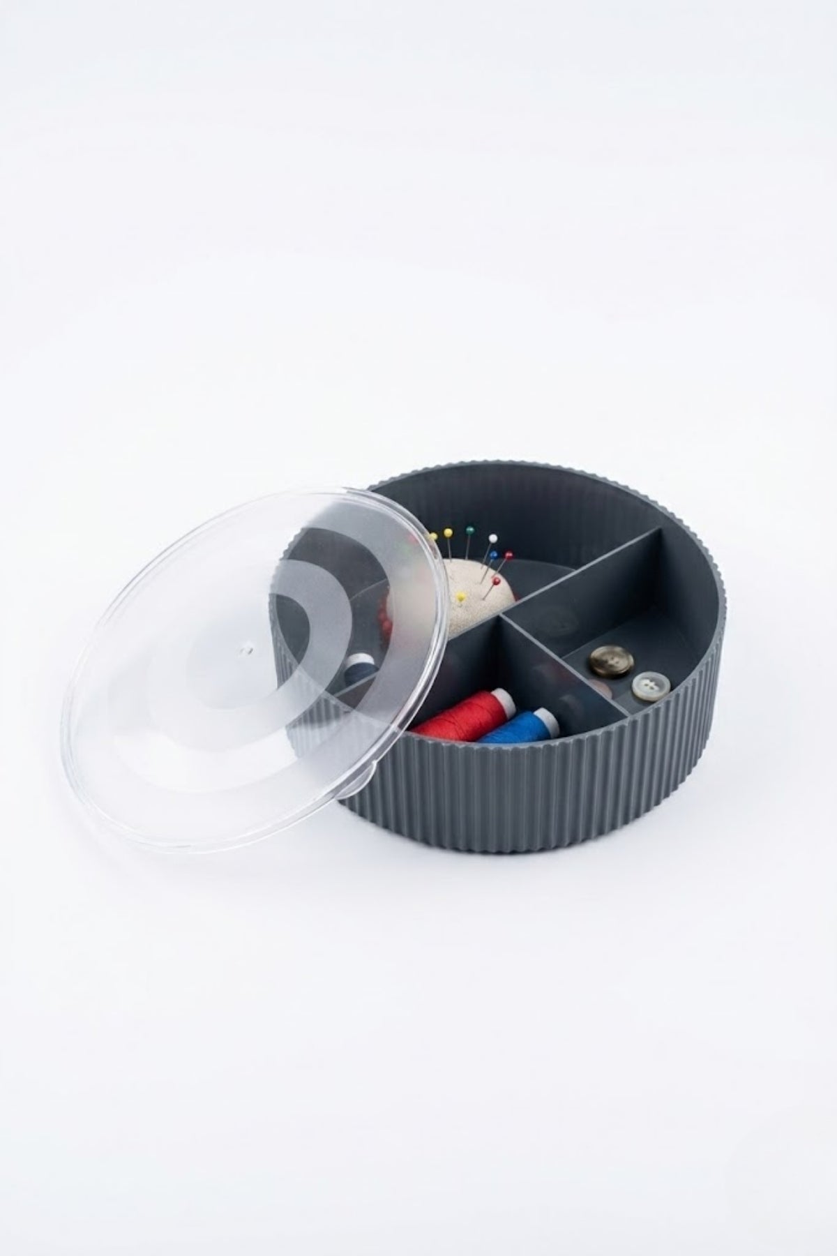 Kapaklı Yuvarlak Bölmeli Dikiş Kutusu Organizer 19 cm Çap 6 cm Yükseklik "Gri"
