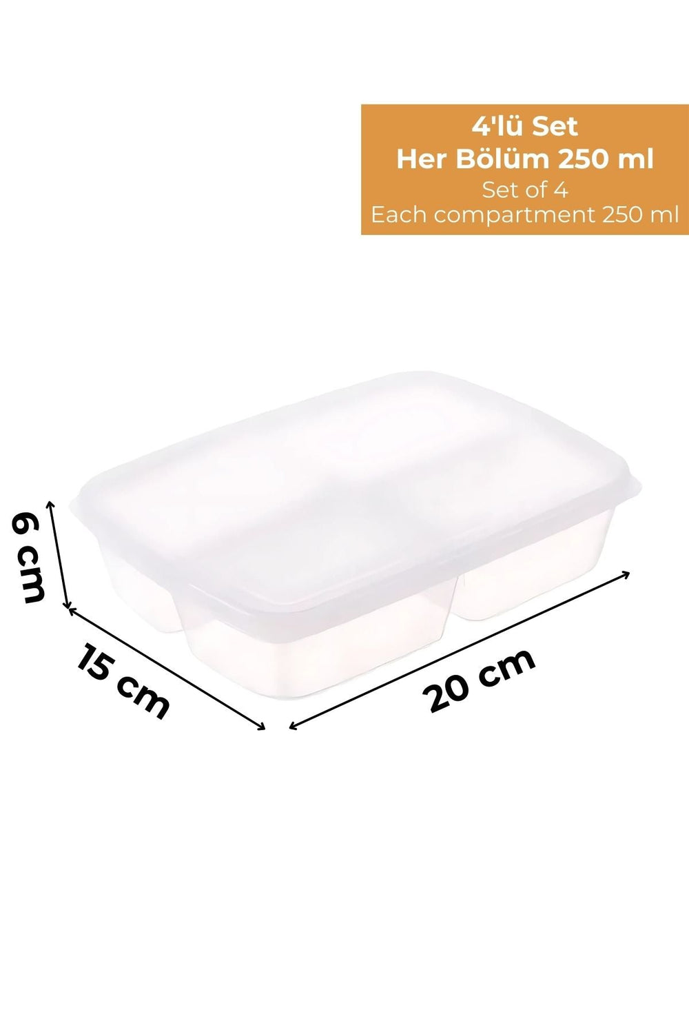 Şeffaf plastik kapaklı 4 bölmeli 250 ml saklama kabı seti, ölçüler 20x15x9 cm
