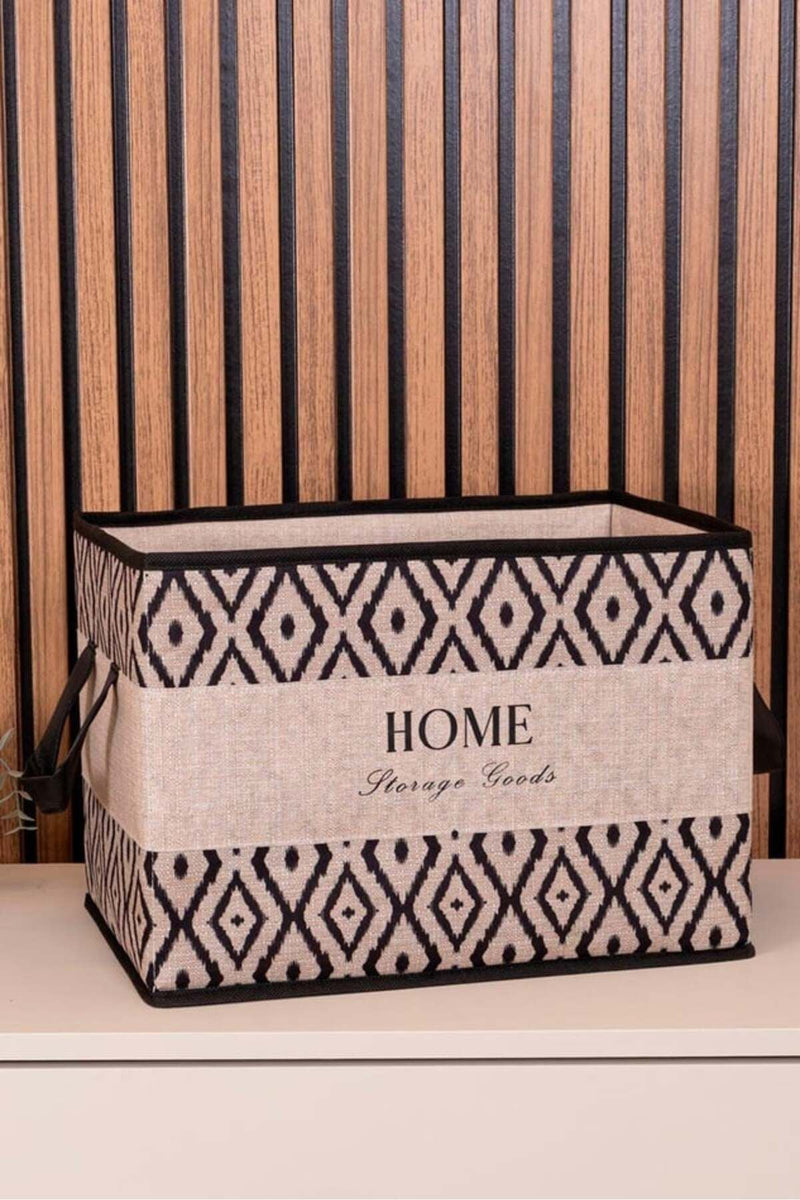 Siyah beyaz geometrik desenli, HOME Storage Goods yazılı dekoratif kumaş saklama kutusu