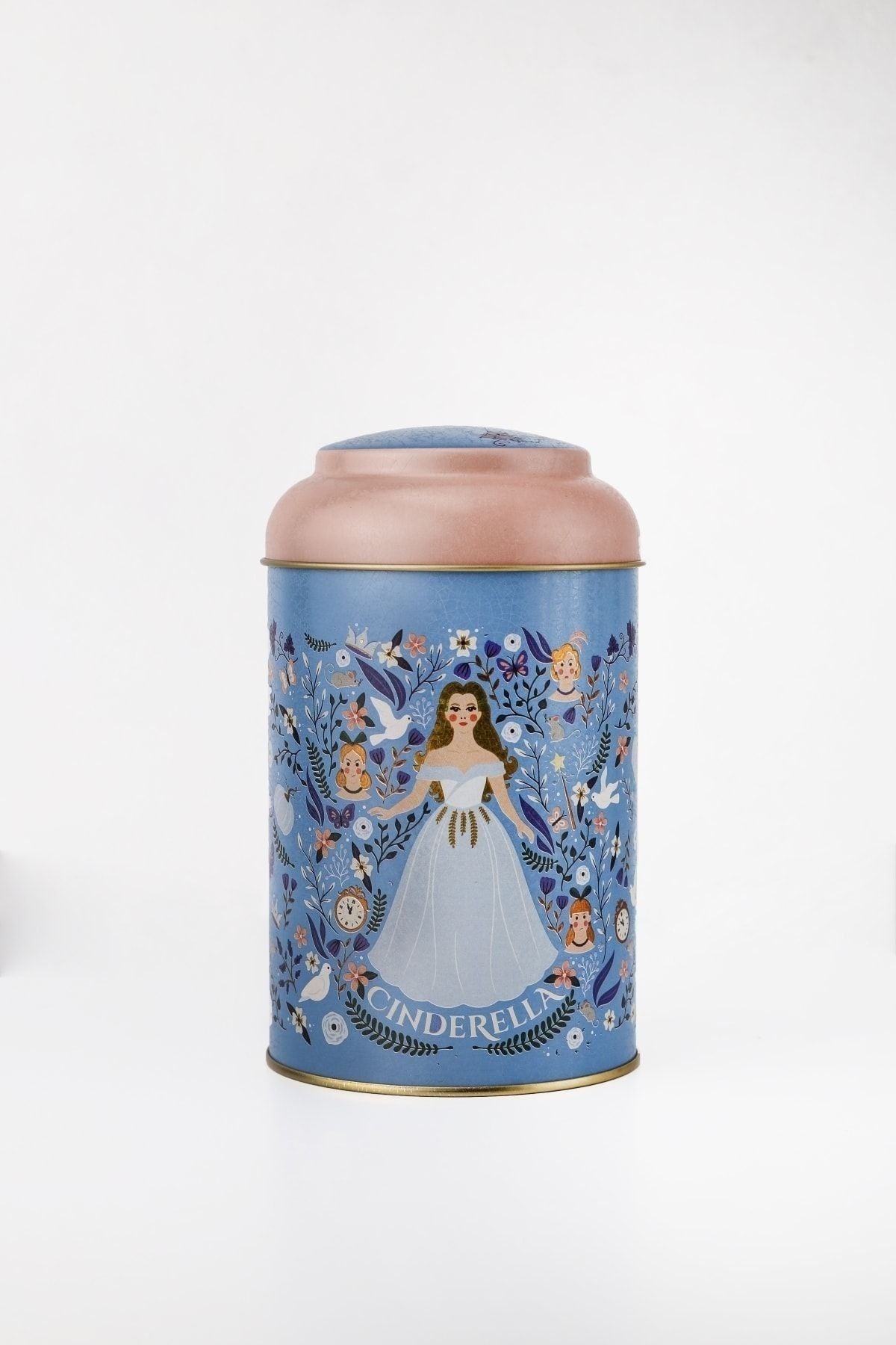 Külah şeklinde pembe kapaklı, Cinderella temalı mavi dekoratif metal kutu