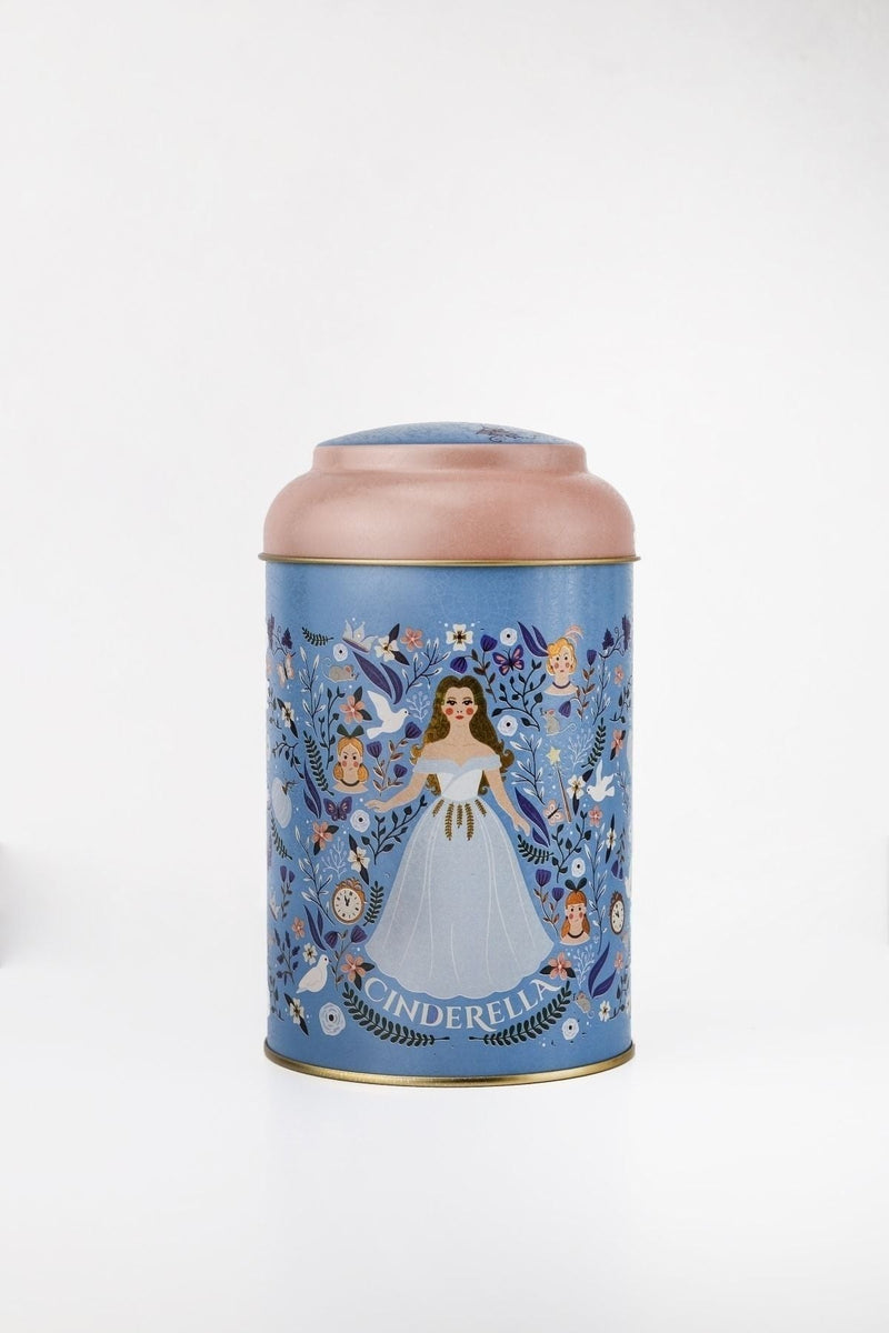 Külah şeklinde pembe kapaklı, Cinderella temalı mavi dekoratif metal kutu