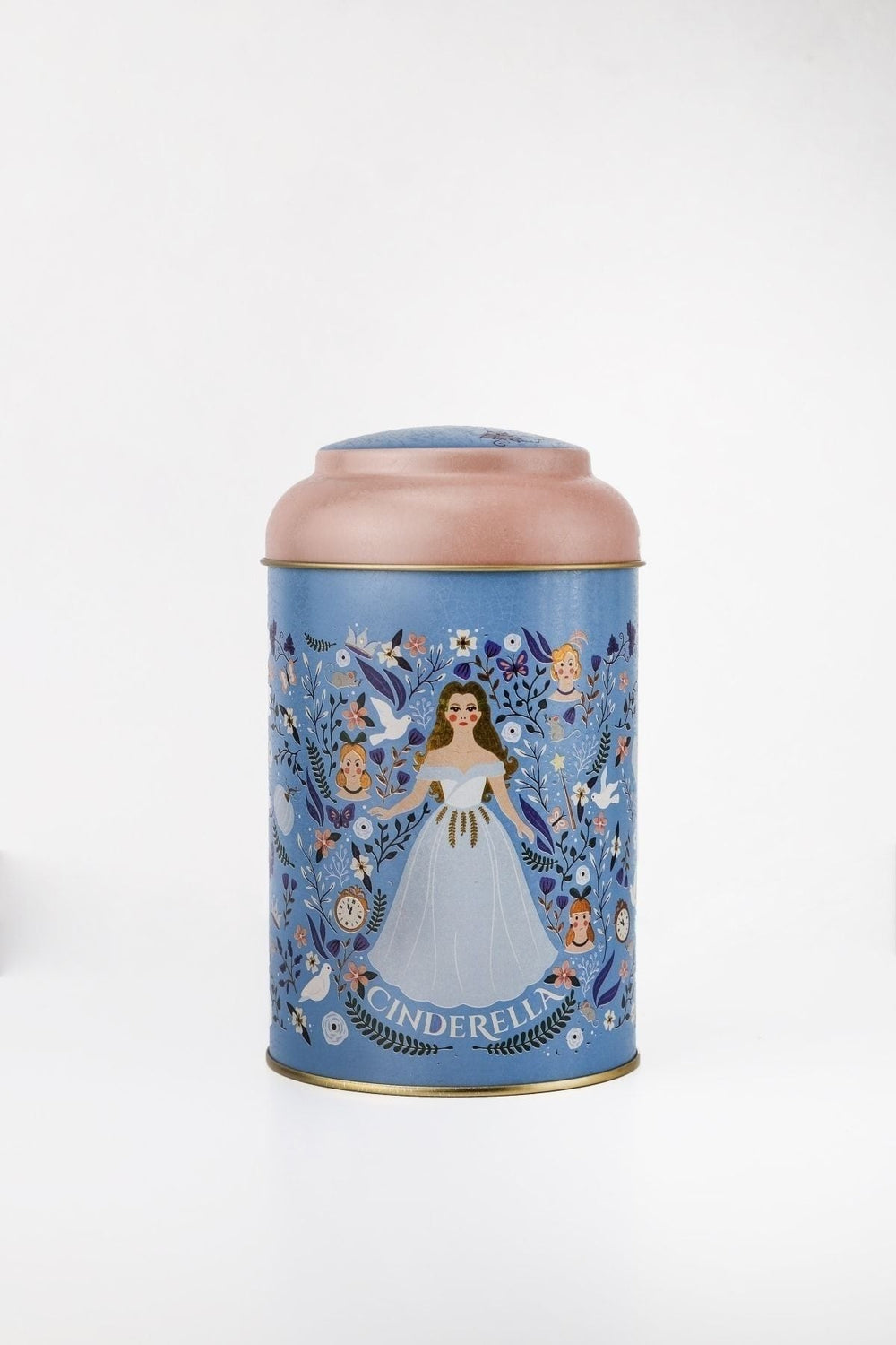 Külah şeklinde pembe kapaklı, Cinderella temalı mavi dekoratif metal kutu
