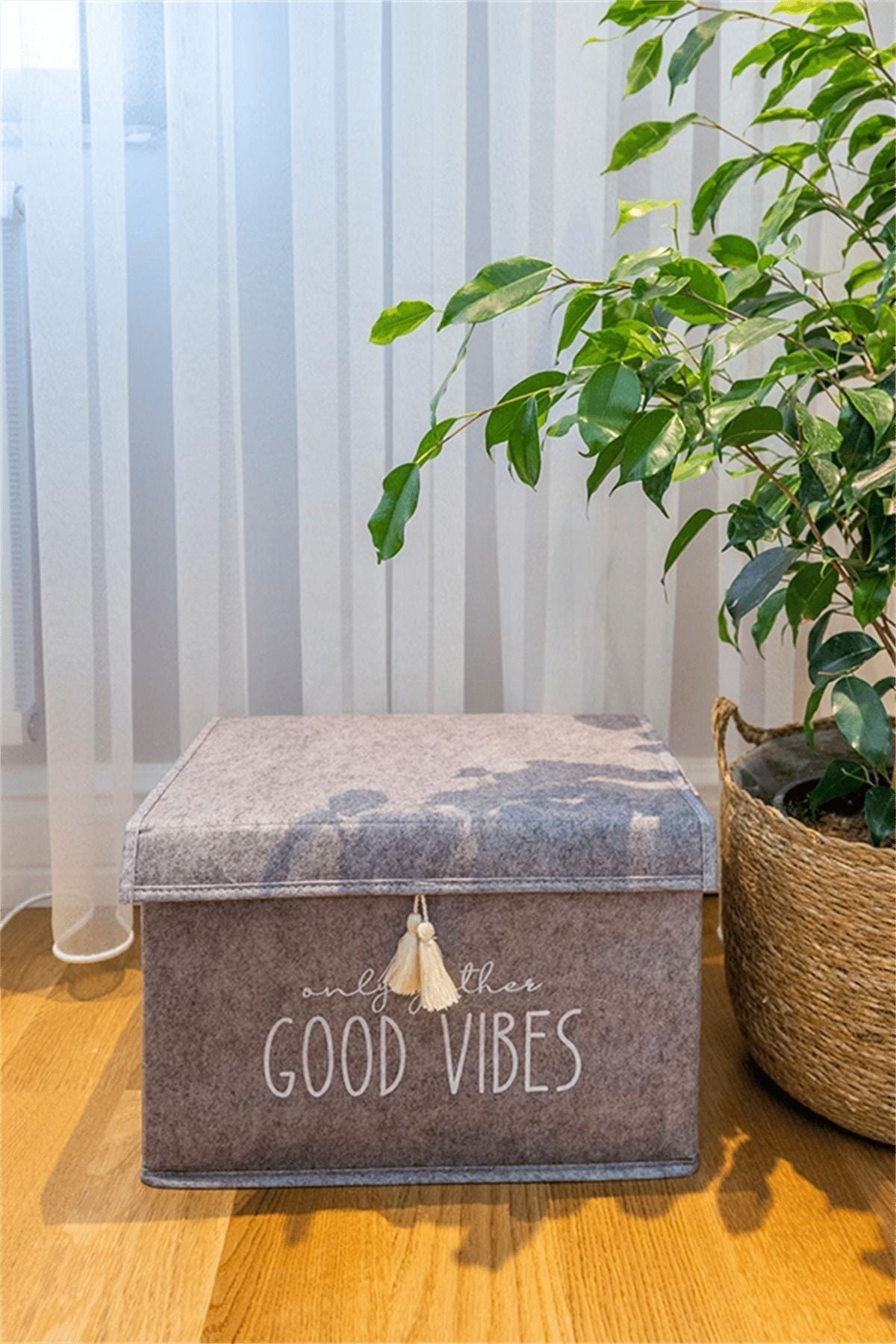 Katlanabilir gri kutu üzerinde 'Only good vibes' yazısı, yanındaki büyük saksı bitkisi ve ahşap zemin