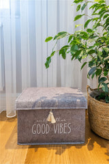 Katlanabilir gri kutu üzerinde 'Only good vibes' yazısı, yanındaki büyük saksı bitkisi ve ahşap zemin