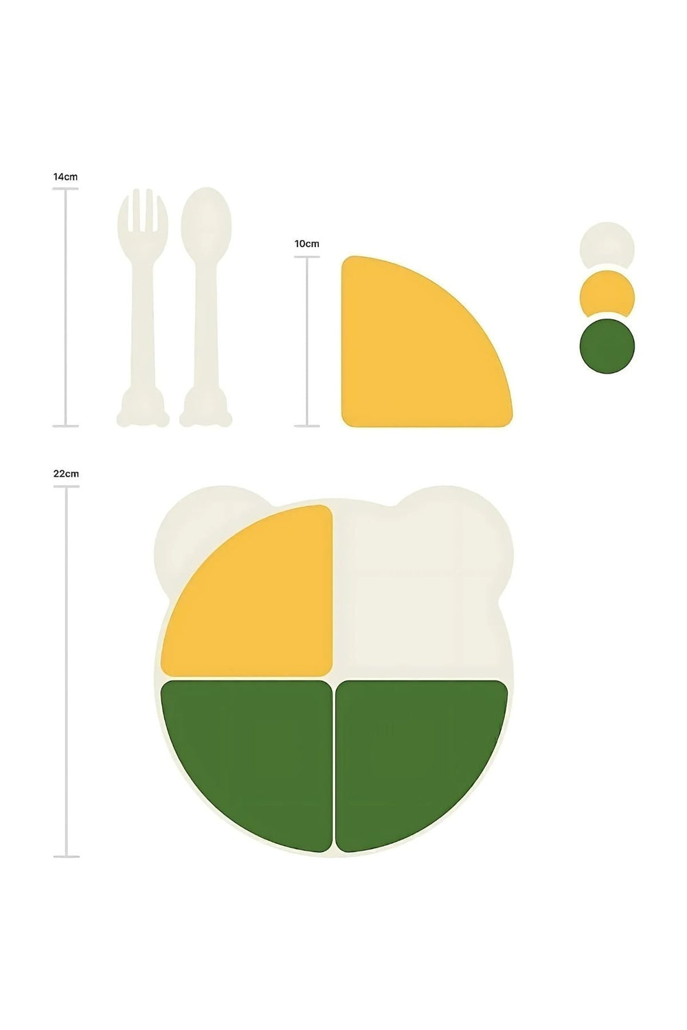 Ayıcıklı bölmeli çocuk tabak seti, ölçüler ve plastik çatal kaşık takımı