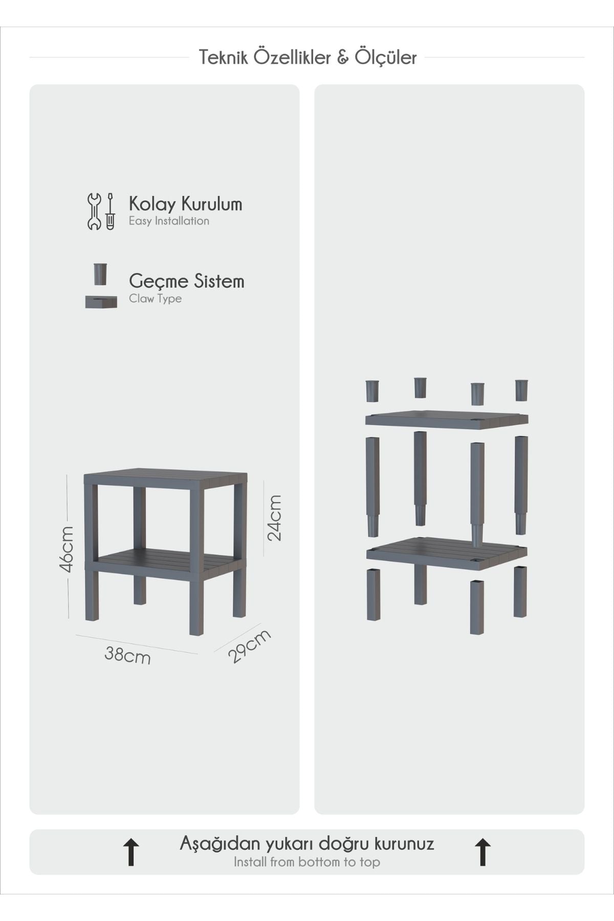 Plastik raf ölçüleri 46x38x29 cm, kolay kurulum ve geçme sistemli siyah plastik sehpa montaj talimatı