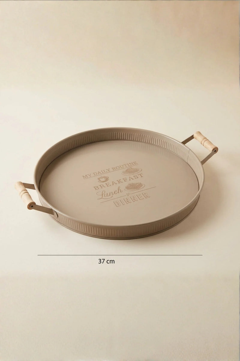 Ahşap Kulplu Yuvarlak Metal Servis Tepsisi 37 cm, "Cappucino"