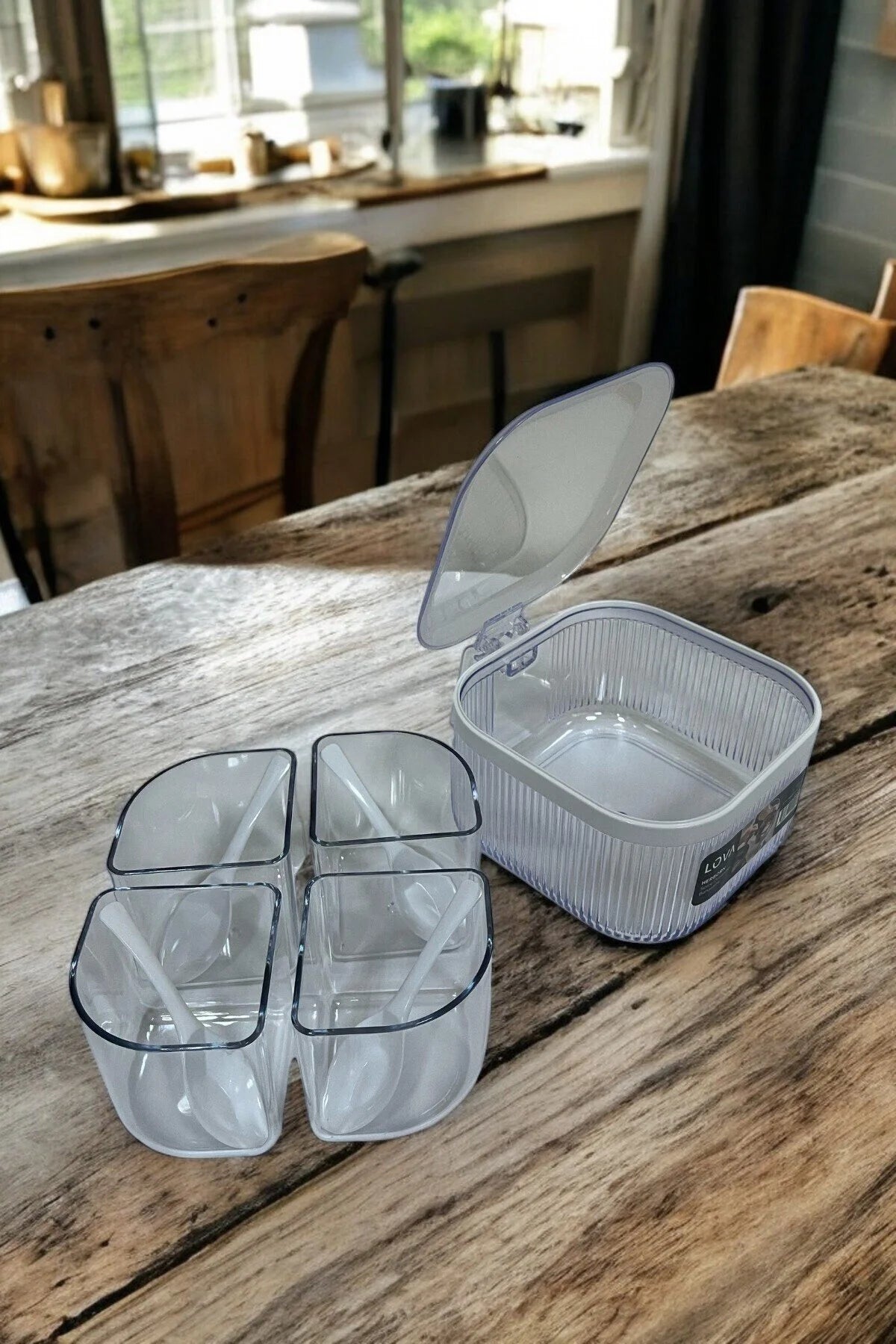 4 Bölmeli, 4 Kaşıklı, Kulplu Kapaklı Baharatlık, 1.1 lt,  3'lü Set