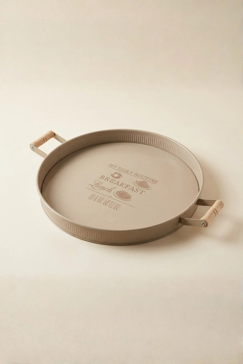 Ahşap Kulplu Yuvarlak Metal Servis Tepsisi 37 cm, "Cappucino"