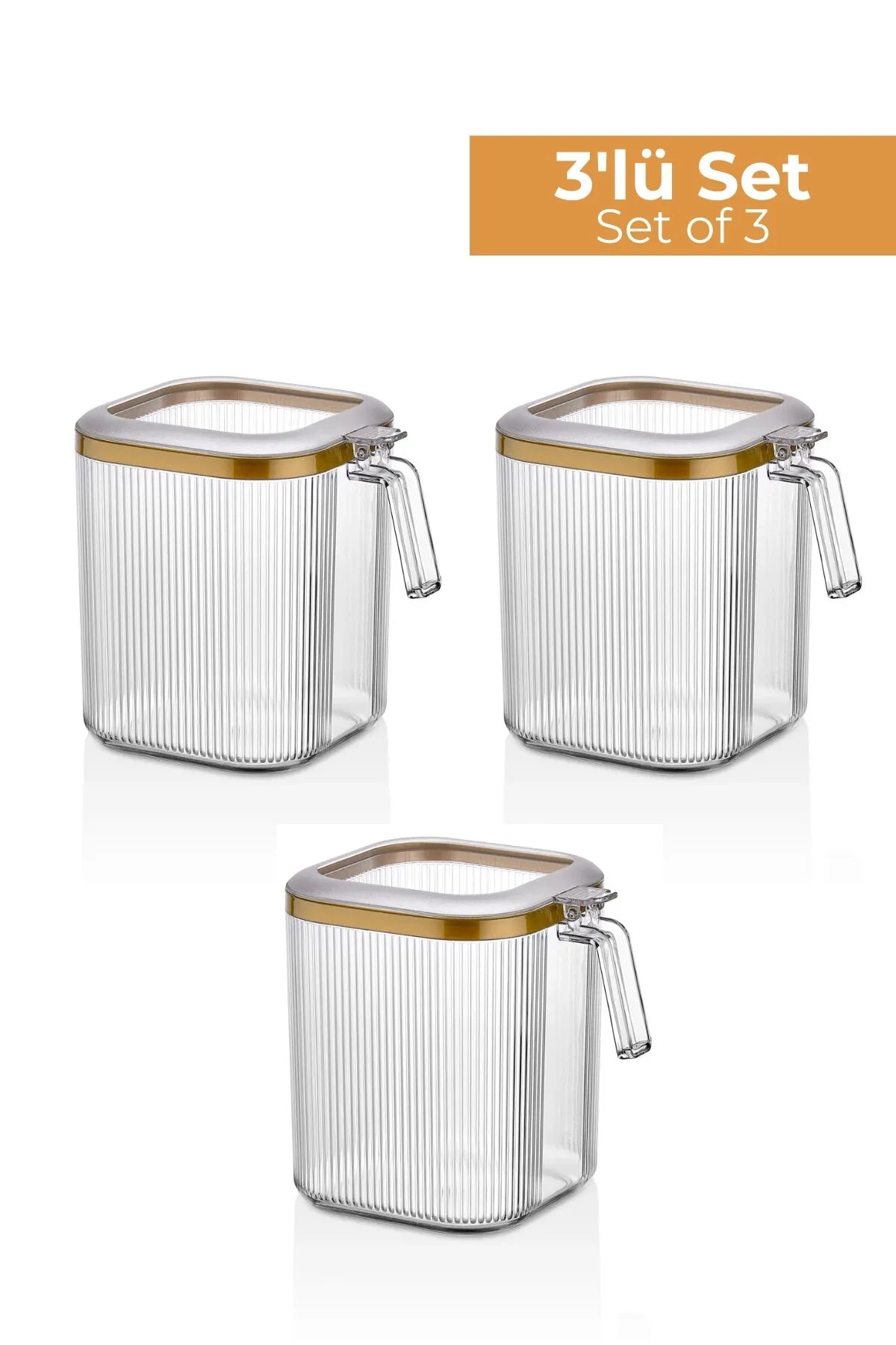 2.5 Lt 3'lü Kulplu Kapaklı Saklama Kabı Seti, 3'lü Set - Şeffaf Gold