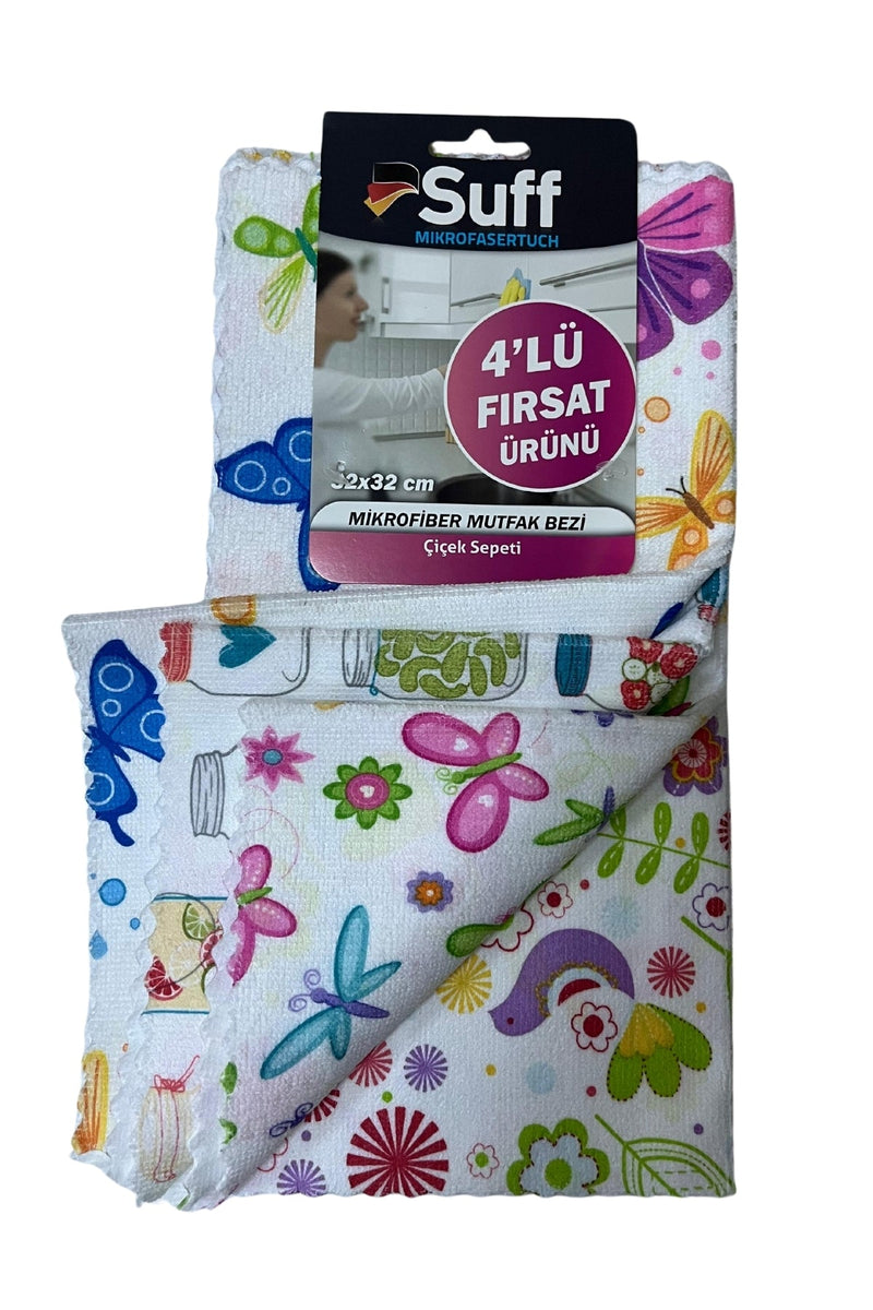 Suff marka mikrofiber mutfak bezi paketi, renkli kelebek ve çiçek desenli 4'lü set