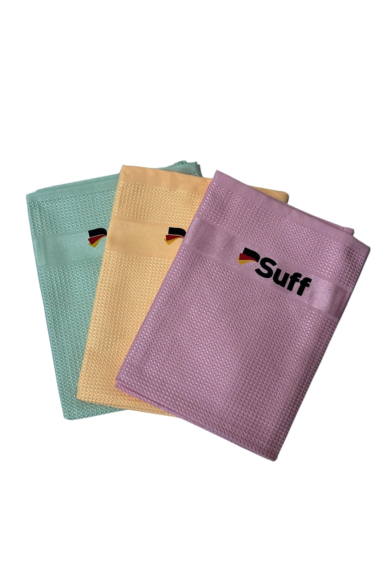 Mor, sarı ve mint renklerinde, Suff logosu olan tekstil temizlik bezleri