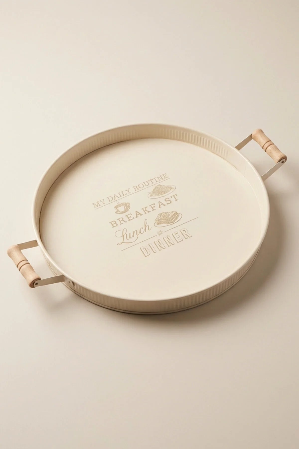 Ahşap Kulplu Yuvarlak Metal Servis Tepsisi 37 cm, "Krem"