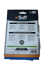 Suff mikro fiber cam temizleme bezi 40x40 cm, yıkama talimatları ve içerik bilgisi içeren pakette