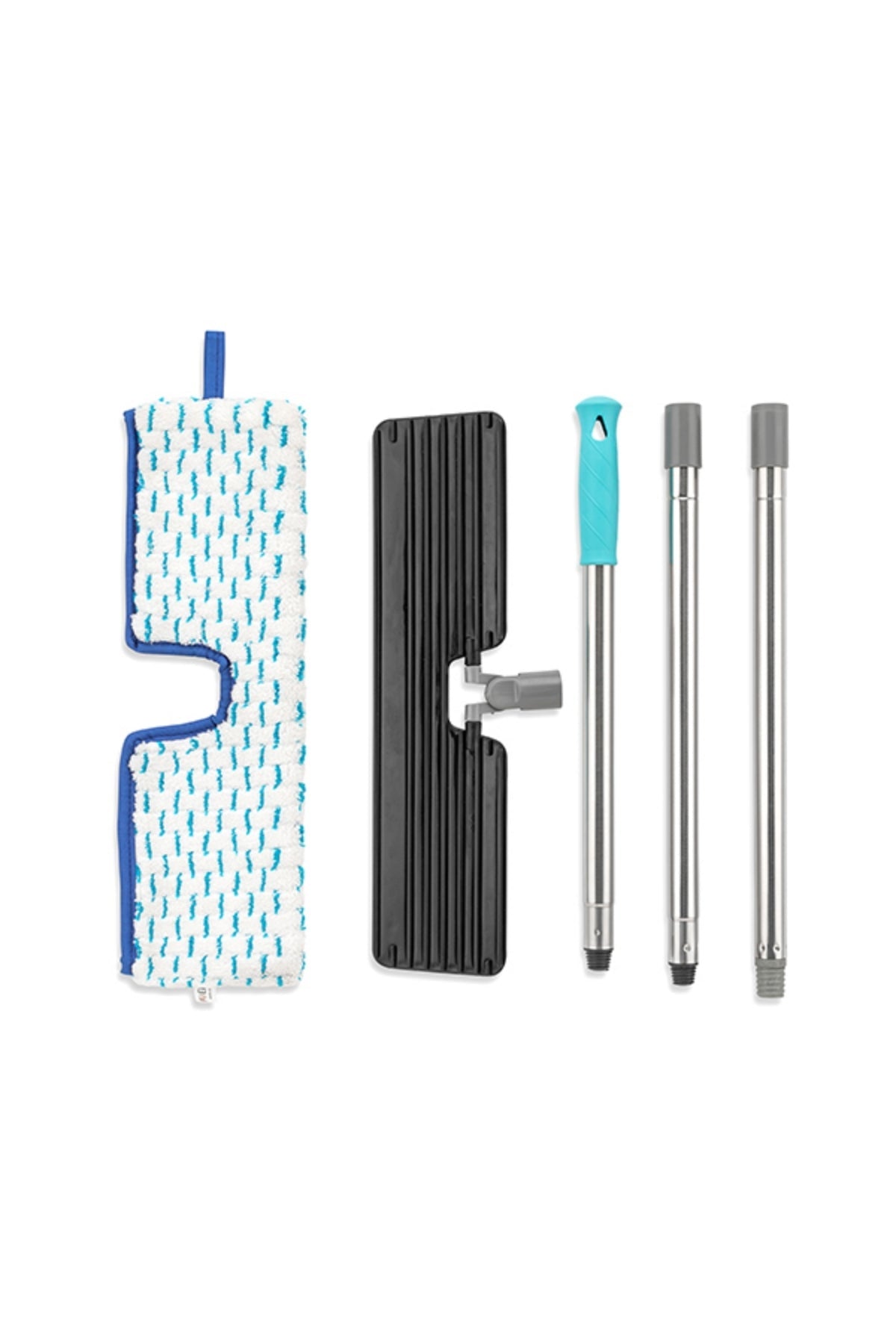 Mavi saplı paslanmaz çelik çubuklar ve temiz beyaz-mavi mikrofiber paspas aparatı
