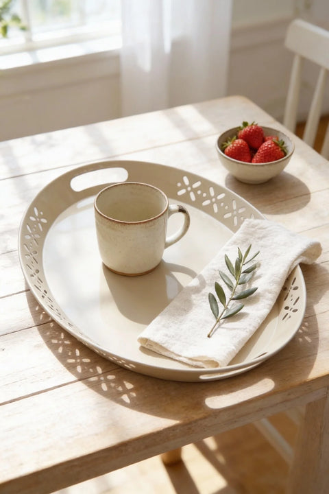 Oval Metal Servis ve Sunum Tepsisi, Büyük Tepsi, Çay Kahve Tepsisi "Cappucino"