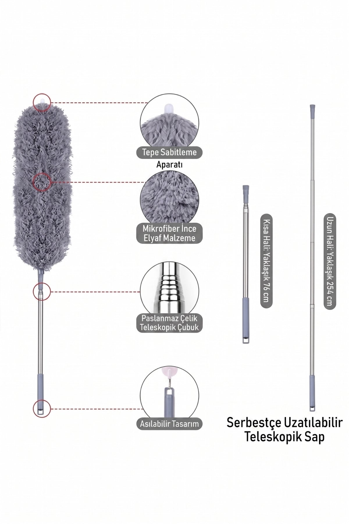 5 Parça Premium Mikrofiber Toz Alma Seti, Teleskopik Saplı Toz Alıcı Ev Temizlik Fırçası Seti