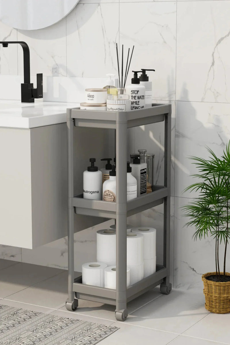3 Katlı Banyo Raf Ünitesi (PEGGY) Beyaz Banyo Düzenleyici Şampuanlık Havluluk Dolap ( Gri )