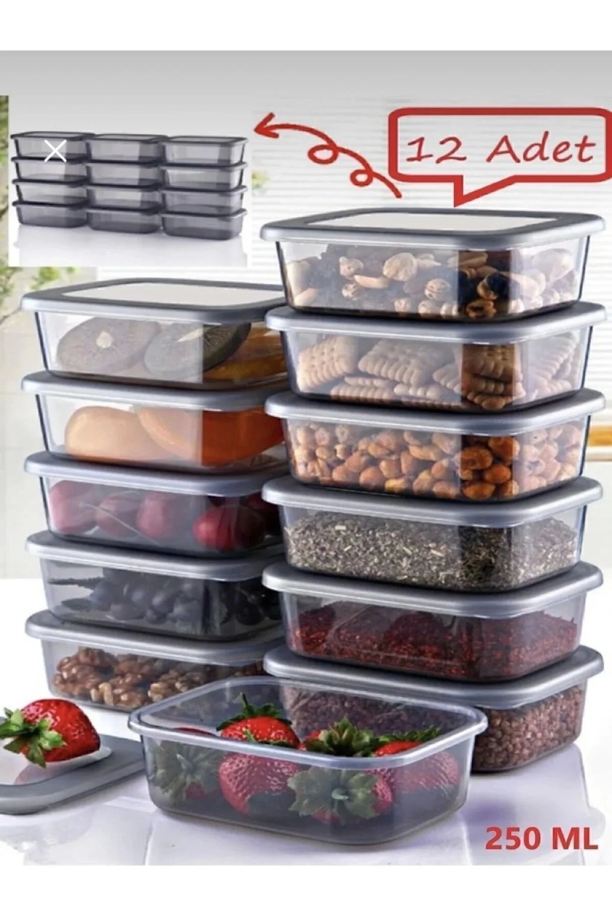 12 adet 250ml saklama kabı seti , kahvaltılık , bakliyat çerezlik meyve kapaklı baharat kutusu