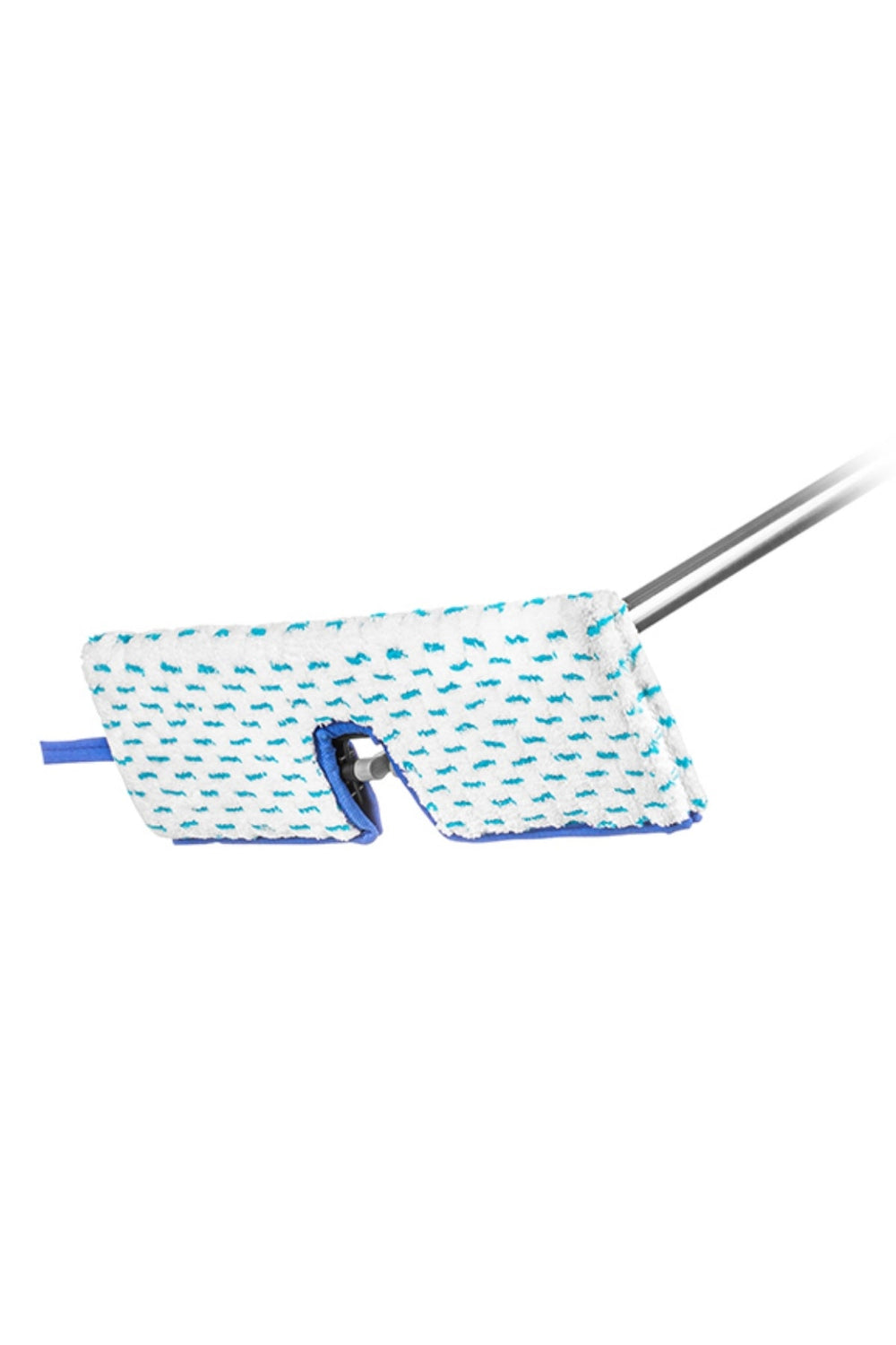 Mavi desenli beyaz mikrofiber yüzeyli mop bezi ve metal sap