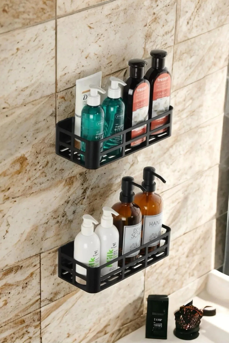 2'li Set Banyo Duş Rafı Şampuanlık, Sabunluk Siyah Yapışkanlı Duş Organizer Suya Dayanıklı Plastik