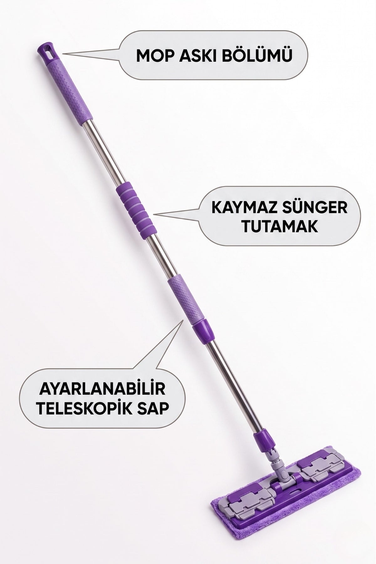 (+1 Yedek Bez Hediyeli) Teleskopik Saplı Mandallı Mikrofiber Yer Fayans Duvar Temizlik Mopu