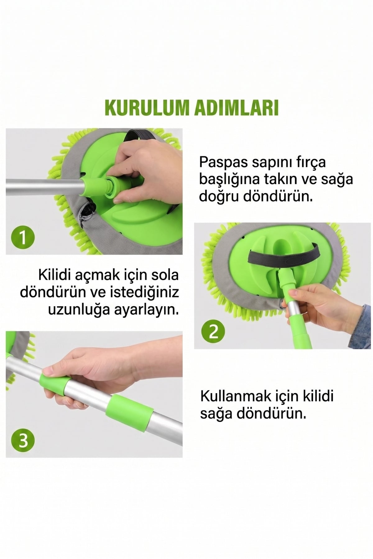 (+1 Yedek Bez Hediyeli) Çok Fonksiyonlu Mikrofiber Araba Yıkama Mopu
