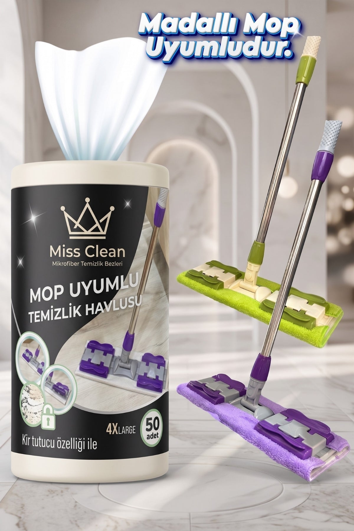 50 Yaprak 4XL Büyük Boy Mandallı Mop Uyumlu Islak Yer Temizlik Havlusu - Kullan At Bez