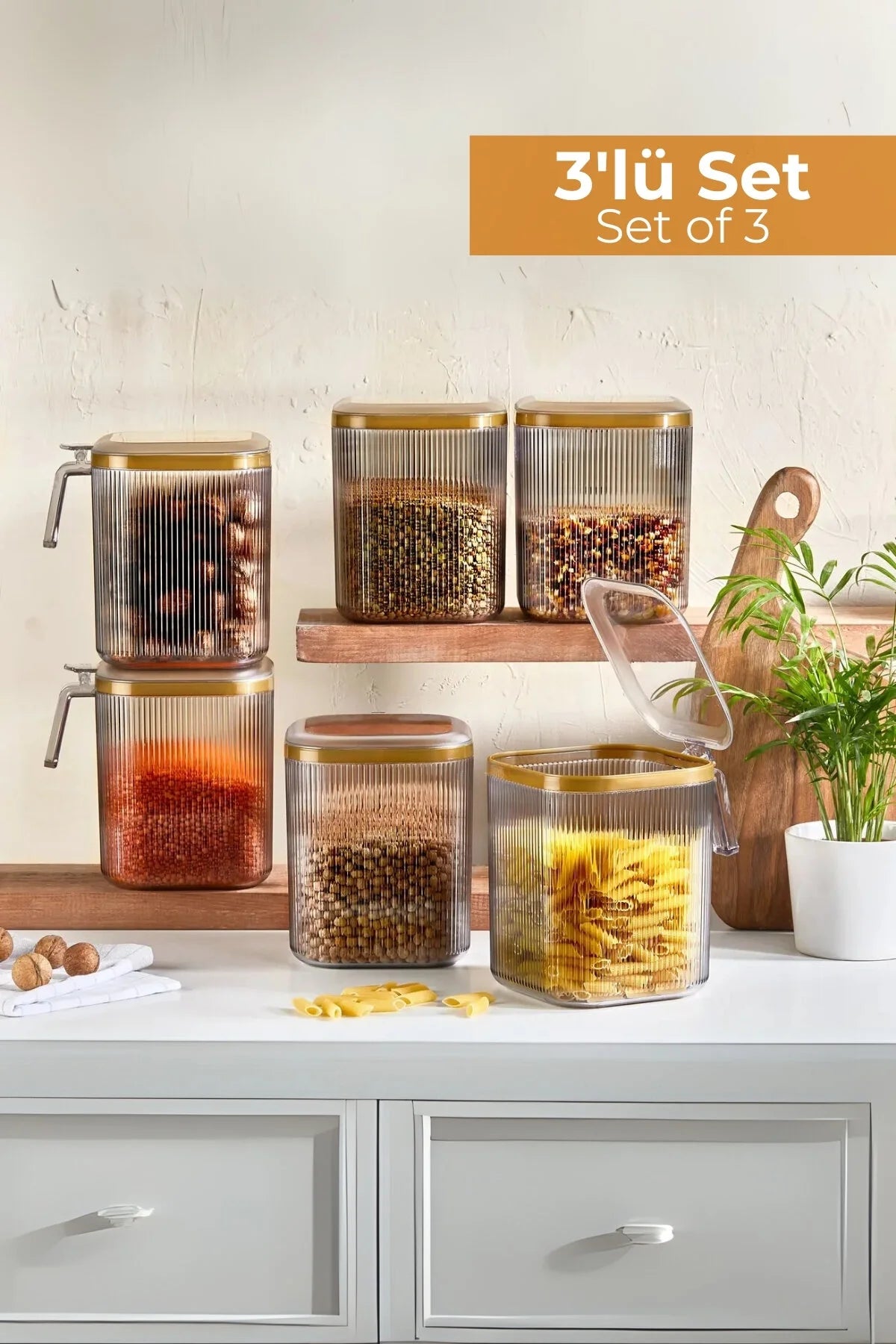 2.5 Lt 3'lü Kulplu Kapaklı Saklama Kabı Seti, 3'lü Set - Şeffaf Gold
