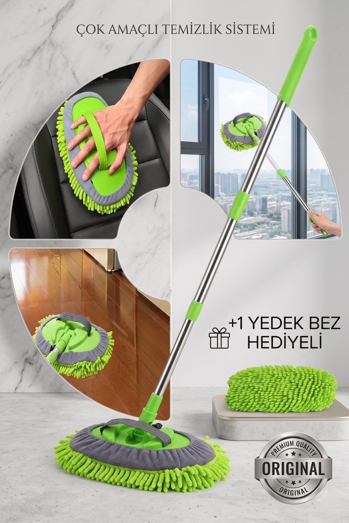 (+1 Yedek Bez Hediyeli) Çok Fonksiyonlu Mikrofiber Araba Yıkama Mopu