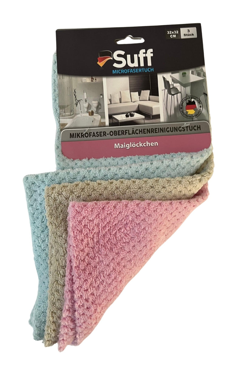 Suff mikro fiber temizlik bezi seti, mavi, bej ve pembe renklerde, 32x32 cm boyutunda