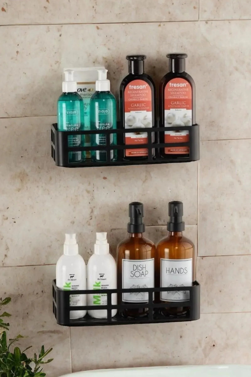 2'li Set Banyo Duş Rafı Şampuanlık, Sabunluk Siyah Yapışkanlı Duş Organizer Suya Dayanıklı Plastik