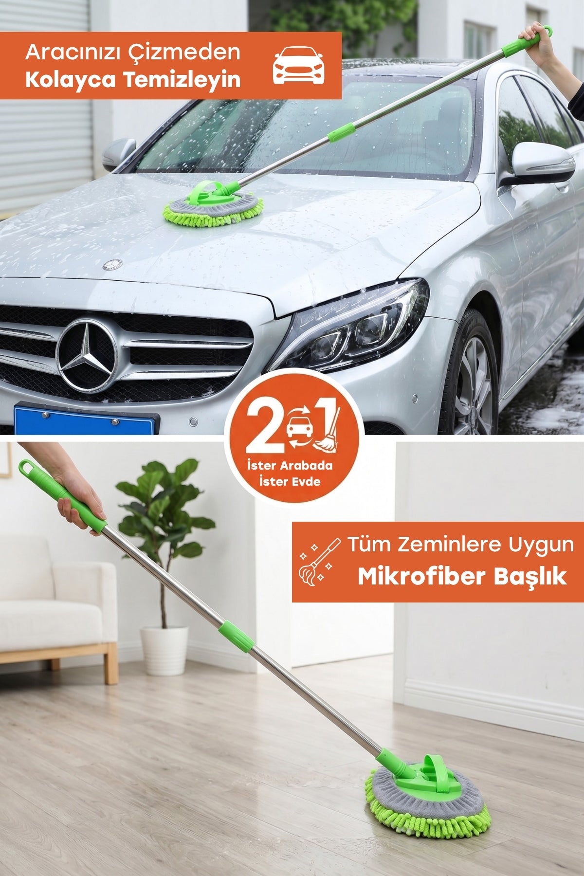 (+1 Yedek Bez Hediyeli) Çok Fonksiyonlu Mikrofiber Araba Yıkama Mopu