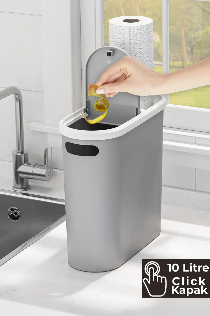 10 Litre Click Kapak Çöp Kovası, Banyo Çöp Kovası, Mutfak Çöp Kovası, Slim Çöp Kovası "Gri"