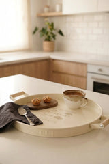 Ahşap Kulplu Yuvarlak Metal Servis Tepsisi 37 cm, "Krem"