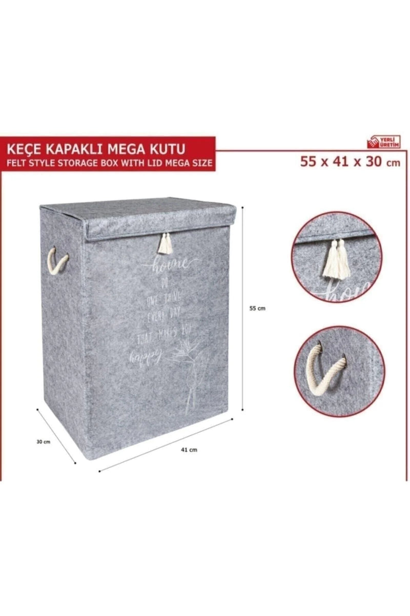 Gri Renk Keçe Kapaklı Mega Kutu Çamaşır Sepeti Eşya Saklama Kutusu 55x41x30 Cm Gri