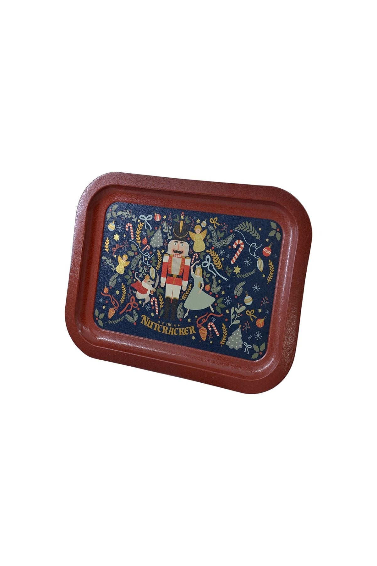 Kırmızı kenarlı, kurşun asker ve Noel süslemeleri desenli Nutcracker temalı tepsi